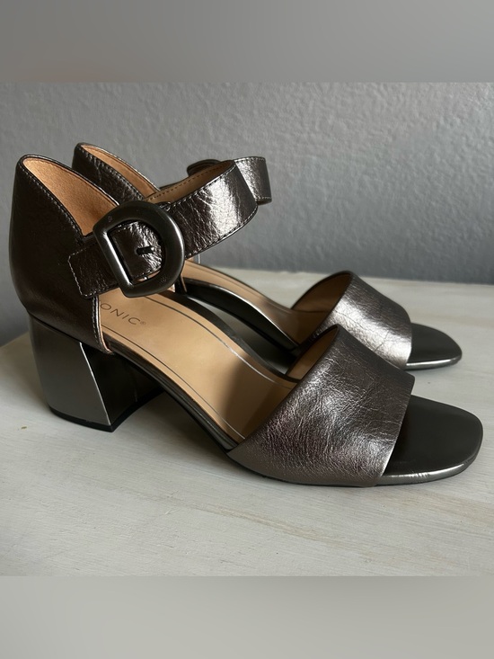 Vionic Shoes - Vionic Metallic Pewter Ankle-Strap Block Heel Sandals, silver, women’s size 10.